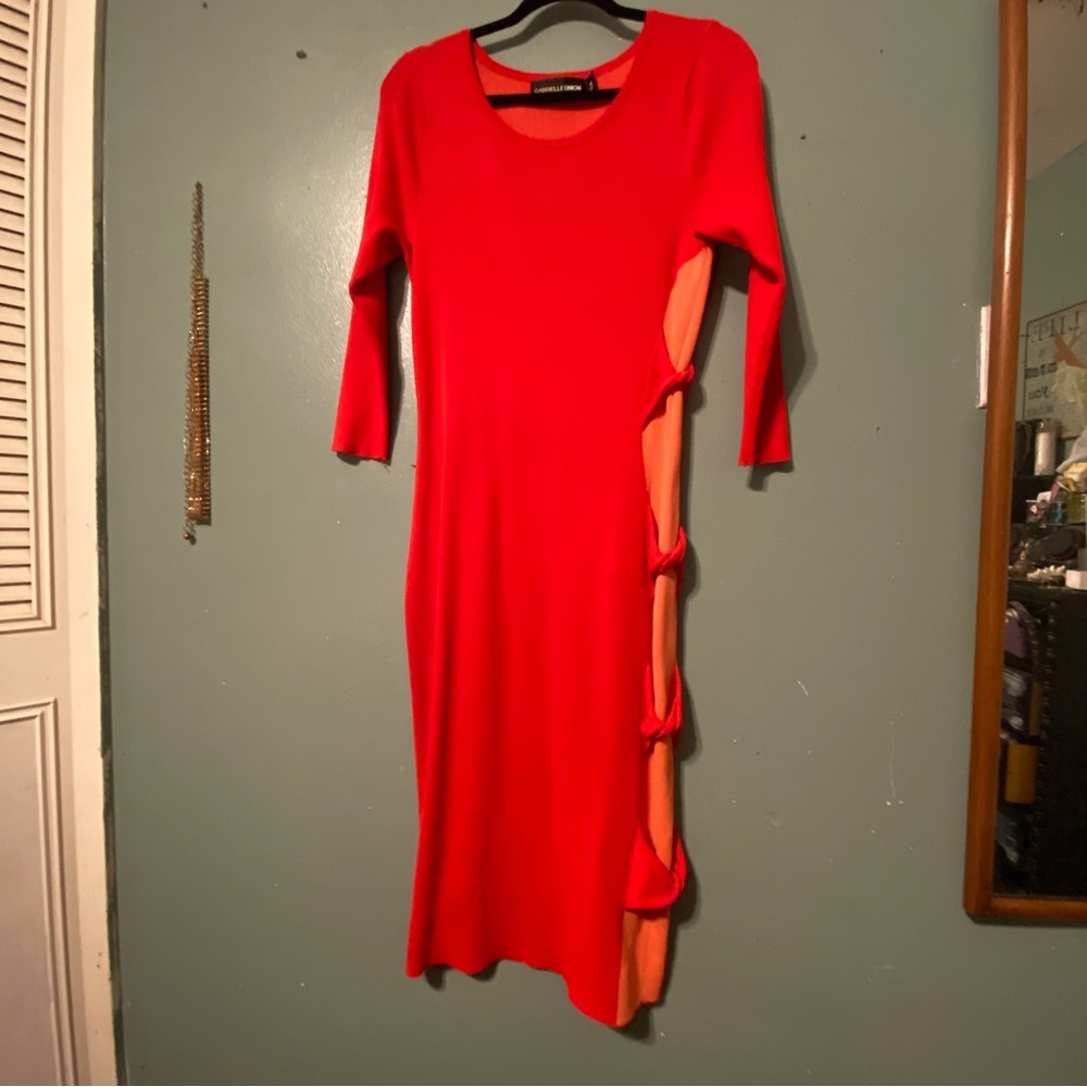 Red orange bodycon over knee length dress